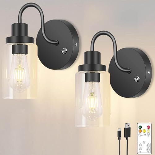 TZHILAN Battery Operated Wall Lights Set of Two,E27 Industrial Vintage Wall Sconce Dimmable 3 Color Wireless Wall Light with Remote, Glass Shade Rechargeable Wall Lights Indoor, Bulbs Included,Black
