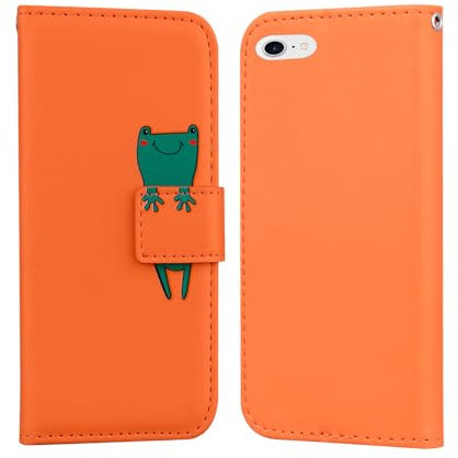 Nokverzy Card Holder Phone Case for iphone SE 2016/5S/5(4.0) Flip Case with Folding Function Kickstand Cartoon Frog Magnetic Wallet Case for iphone SE 2016/5S/5(4.0) Leather Case Shockproof Orange