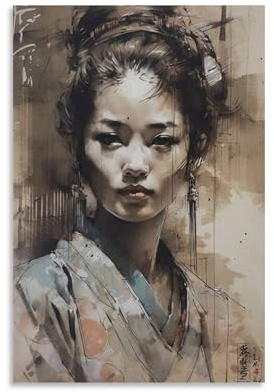 KBGDFSDF Japanische Geisha Vintage-Aquarell-Kunst-Poster, 1 Leinwand-Poster, Schlafzimmer, Dekoration, Landschaft, Büro, Raumdekoration, Geschenk, 30 x 45 cm