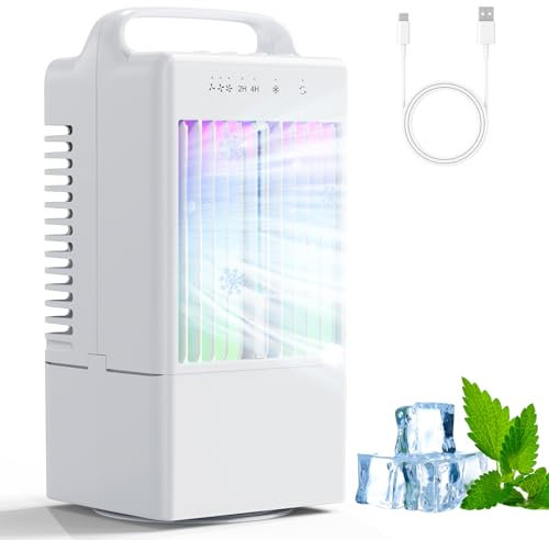 Aire Acondicionado Portatil Silencioso, 900ml Mini Enfriador de Aire Con 3 Velocidades & Modo de nebulización, Oscilación de 90°, Temporizador de 2-4 h, Enfriador de Aire Para Oficina, Dormitorio