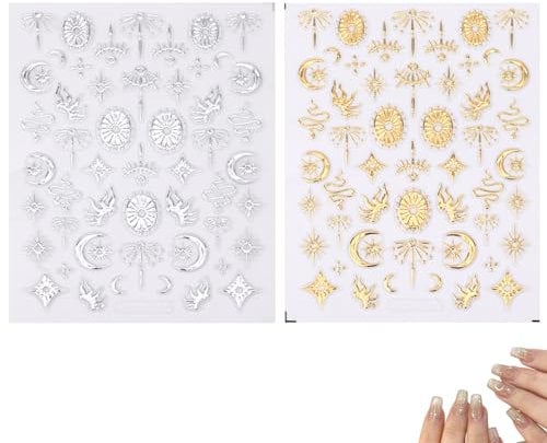 lasuroa 2pcs Multi-Pattern 5D Embossed Nail Stickers, Stylish PET Star Moon Nail Charms Gold Snake Design Decals Cute Art DIY Accessories for Women (Gold, Silver)