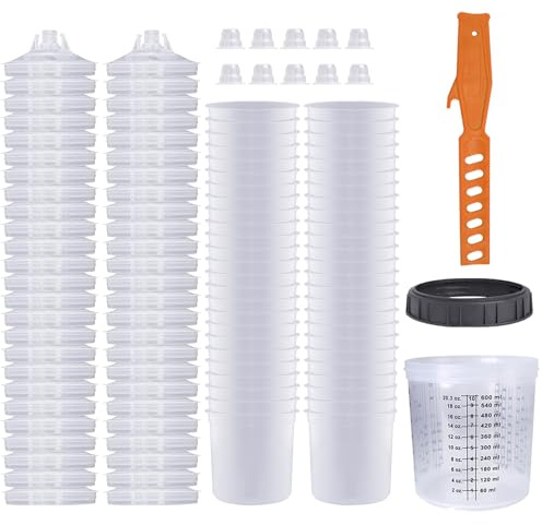 Einweg Farbmischbecher 20 Unzen (600ml) Set, Farbspritzpistole Mischbecher, für HVLP und LVLP Farbspritzpistolen mit 50 Bechern und Deckeln, 1 Hartbecher mit Haltering und 10 Verschlussstopfen (50)
