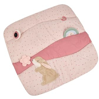 Sterntaler Spieldecke Hase Hanni 100x100cm - wattierte Activity Decke mit Rassel, Knisterpapier, Spiegel & Beißring Herz - Krabbeldecke waschbar - Geschenk Idee - Mädchen, quarzrosa