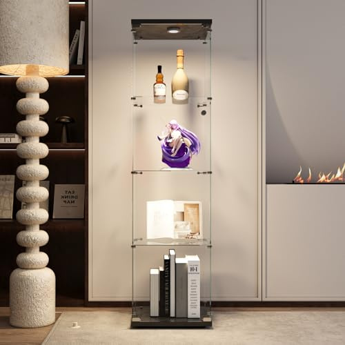 Glasmonter med LED, monter med samlingsmodell med 1 dörrar och 4 hyllor, låsbar dörr, displayskåp, visningsskåp i klart glas, hall, vardagsrum bar skåp (svart D)