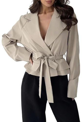 GORGLITTER Wintermantel Damen Elegant Herbstjacke Mit Gürtel Damenmantel Herbstmode Leichte Jacke Herbst Outfit Langarm Herbstmantel