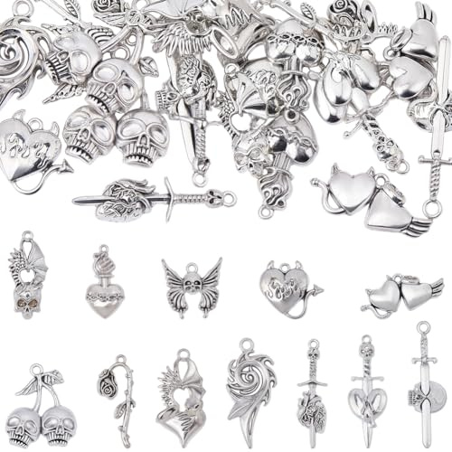 BEAMARKER 24 Stück 12 Stile Gothic Charms Bulk Tibetan k Silber Goth Anhänger Totenkopf Teufel Herz Schwert Flügel Eule Schmetterling Rose Charms Für DIY Halskette Armband Ohrring Handwerk Schmuckhers