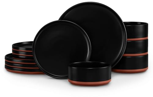 LIANYU 12 Pieces Porcelain Dinnerware Sets, Premium Plates and Bowls Set, High-Fired Ceramic Dishes Set for 4, Chip & Scratch Resistant, Microwave Dishwasher Safe, Charcoal Black