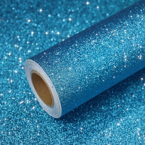 VEELIKE Blau Glitzer Tapete Selbstklebend Himmelblau Glitzerfolie Möbelfolie Blau 40 cm x 300 cm Selbstklebende Tapete Schlafzimmer Wohnzimmer Wandtapete Luxus Party Dekoration Klebefolie Möbel