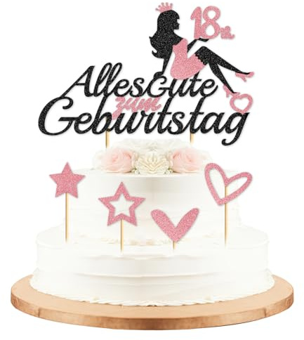 5pcs Sitzendes Mädchen Tortendeko,18. Geburtstag Cake Topper, Alles Gute zum Geburtstag Glitter Kuchen Deko für 18 Jahre Mädchen Kuchendeko Tortenaufsatz