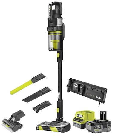 RYOBI 18 V ONE+ Brushless Akku-Staubsauger RASV18BL-1C40GL, 135 AW Saugleistung, Dual-Zyklon-Filtration, HEPA-Filter, LED-Kopfbeleuchtung, Extrazubehör, inkl. 4 Ah Akku und Ladegerät, Schwarz