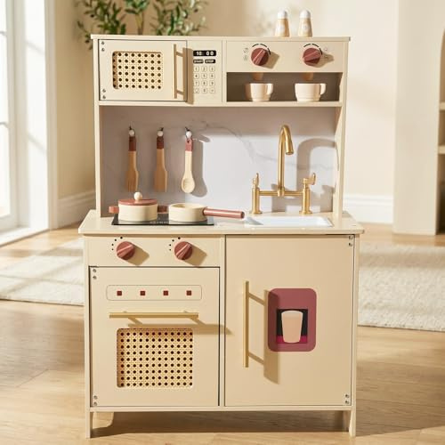 WOODENFUN Cuisine Jeu rétro crème Bois Micro-Ondes Four évier, Jeu de rôle 3 Ans(Jaune)