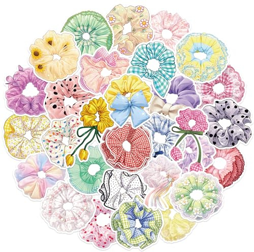 56 PCS Scrunchie Stickers for Girls, Cute Pastel Hair Tie Aesthetic Vinyl Decals, Matte Waterproof Sticker Pack for Water Bottles, Laptop, Journal, Phone Case, Scrapbooking