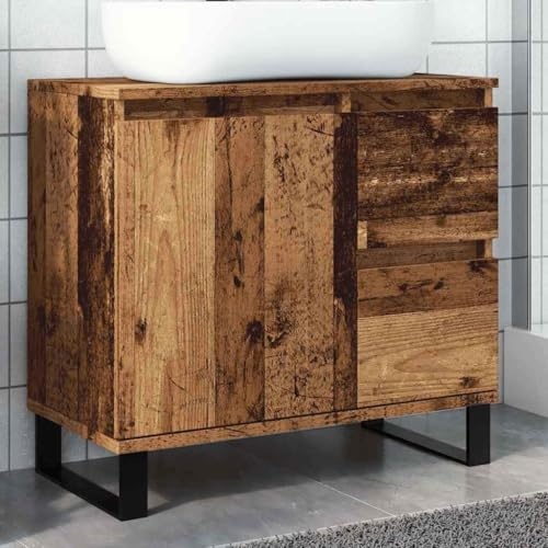 sephironlbb Meuble sous lavabo aspect bois vieilli - 65 x 33 x 60 cm - Avec pieds en fer - Espace de rangement pour salle de bain - WC - Peu encombrant et stable