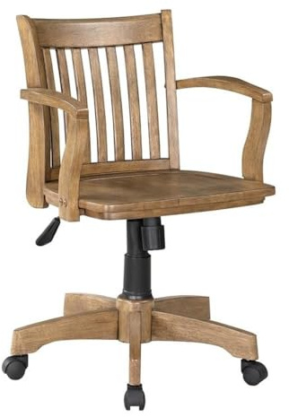 BOWERY HILL Wood Bankers Office Chair, Medium Oak Finish, Adjustable Seat Height, Locking Tilt Control, Dual Wheel Carpet Casters, Durable Wood and Metal Build, Classic Victorian Style Home Office