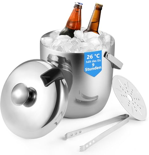 Eiswürfelbehälter Großer 3L Eiswürfel Behälter, Isolierter Edelstahl Doppelwand Eiseimer, Eiskübel mit Deckel und Eiszange, Perfekt für Kalte Getränke