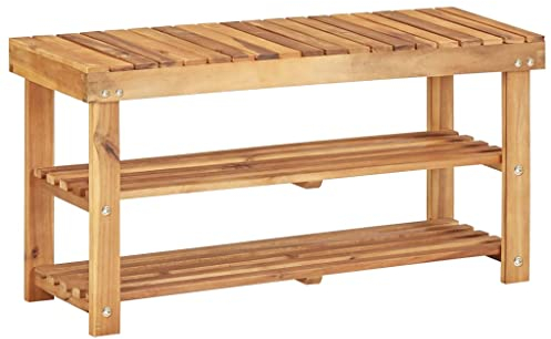 vidaXL Akazienholz Massiv Schuhregal mit 2 Fachböden Sitzbank Schuhbank Schuhständer Schuhschrank Schuhablage Bank Bad Regal 90x32x46cm