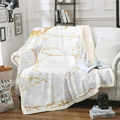 Tbrand Goldener weißer Marmor gedruckt Wohndecke Frauen Marmor Muster Kuscheldecke Abstrakte Kunst Flanell Fleecedecke 150x200cm Einfaches modernes Design Decke