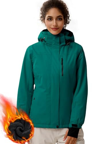 FREE SOLDIER Damen-Skijacke, Snowboardjacke, wasserdicht, warmes Fleecefutter, Winter-Regenjacke mit Kapuze, vollständig versiegelte Nähte, Türkis, Größe L