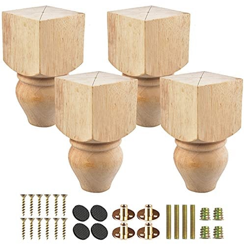 TCHOSUZ 5 inch / 12cm Wooden Furniture Legs, Pack of 4 Unfinished Solid Wood Turned DIY Replacement Bun Feet with M8 Hanger Bolts & T-Nuts or Sofa Couch Cabinet Recliner Ottoman Riser