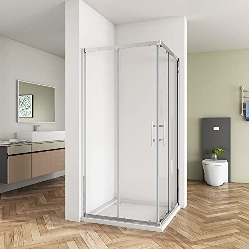Huiyang 700x700mm Corner Entry Shower Enclosure Sliding Doors 5mm Extra Toughened Safety Glass Screen Cubicles + Tray
