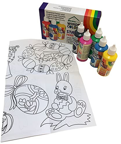 ILODA Fenstermalfarben Grundausstattung Starterset auch für Ostern von Ahrenshof, Window Colors Set mit 5 Farben und 22 Malvorlagen.