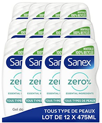 SANEX - Gel douche Hydratant Zéro % - Tous Types de Peau - Biodégradable et Vegan - 475 ml - Lot de 12