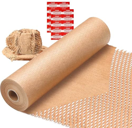 Rouleau de papier d'emballage en nid d'abeille de 38,1 x 61,4 m, alternative durable au papier bulle pour déménagement/expédition/emballage avec 20 autocollants fragiles, biodégradable et entièrement