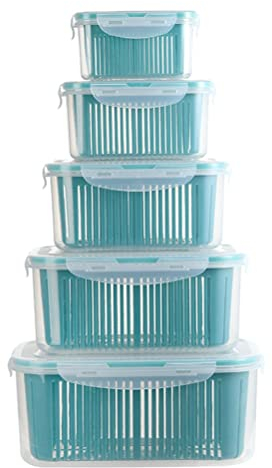 Sahgsa Contenedores de frutas para frigorífico, 5 unidades, organizador para frigorífico, recipiente para frutas y verduras, cajas de almacenamiento para frigorífico, con rejilla de goteo y tapa, sin
