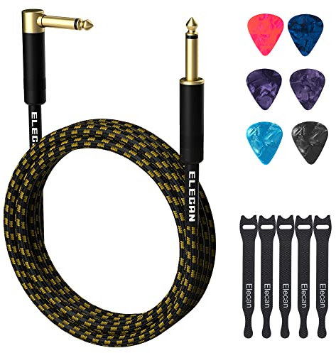 Guitar Cable 30 Feet -Right Angle to Straight Instrument Cable-Gold Plated Nylon Braided-90 Degree 1/4 Inch TS Professional Electric Bass Guitar Cord Amp Cable 6.35mm Male with 6 Guitar Picks+5 Ties