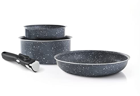 Qulinart by Brandt - Batterie de Cuisine à Induction 4 Pièces - Set de 2 Casseroles 16 et 20 cm Anti-Adhésives, 1 Sauteuse 24 cm et Poignée Amovible - Aluminium - Tout Feu - Gris Marbre