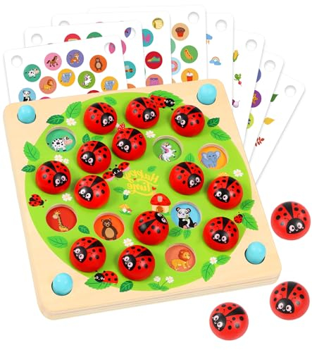 Subtail Ladybug Garden Memory Game - Memory Game for 3 4 5 Year Olds - 16 Theme Patterns Board Games for Kids - Educational Montessori Wooden Toys for 3 4 5 Year Old Boys and Girls
