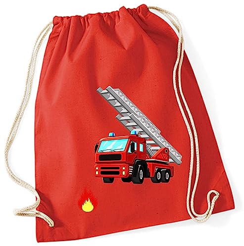 minimutz Zuzieh Turnbeutel für Kinder | Motiv Feuerwehr mit Leiter & Flamme | Schuhbeutel Sportbeutel zum Zuziehen für Jungen | Stoffbeutel mit Kordel (rot)