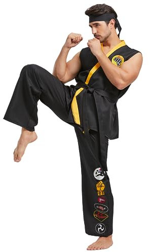 Takuvan Karate Kostüm für Herren Deluxe Übergröße Halloween Karate Gi Uniform Set mit schwarzem Gürtel Stirnband Erwachsene Unisex