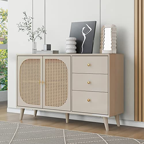 HAINEW Rattan Design Sideboard Kommode Mit 2 Rattan Türen Und 3 Schubladen, Küchenschrank Aufbewahrungsschrank Mit Roßem Stauraum Für Küche Esszimmer Wohnzimmer, Offwhite Creme, 120×40×82,5 cm