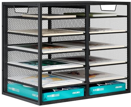 Senhoglb 12 Fächer Schreibtisch Ordner Organizer, Holz Briefablage Stapelbar, Multifunktionaler Briefablage, Metall Aktenablage, Dokumentenablage A4 Papier Aufbewahren, Schwarz