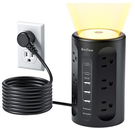 AnnTane Tour multiprise avec lumière nocturne, multiprise de protection contre les surtensions avec ports USB, 10 m, câble d'extension avec plusieurs sorties (12 CA + 3 A+2 C) pour la maison et le