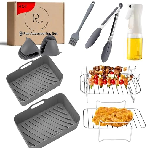 RICUB Premium 9 Pieces Ninja Air Fryer Accessories for AF300uk, AF400uk & Tower T17088, Ninja Dual Air Fryer Accessories,Reusable Air Fryer Liners Silicone for Ninja/Tower/Salter/ 7.6-9.5L Air Fryer.