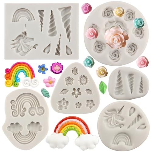 MYPRACS 6 Stück Einhorn Silikonform Einhornohren Horn Regenbogenblumen und Blätter Kuchen Fondant Formen zum Dekorieren von Kuchen Cupcake Topper Süßigkeiten Schokolade Gummipaste Polymerton