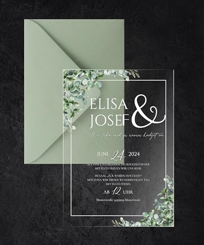 Manschin-Laserdesign Hochzeitseinladungen | Edle Einladungskarten aus Acrylglas für Hochzeit, Geburtstag, Partys - personalisierbar mit Ihrem Wunschtext - mit UV Druck