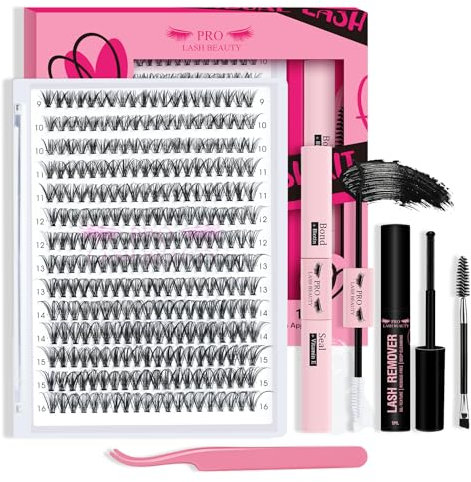 PRO DIY Lash Extension Kit 280pcs Lash Clusters D Curl with Lash Bond and Seal Lash Remover Lash Applicator Easy to Apply at Home(30D-9-16mix Kit)