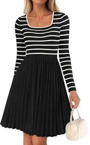 ZESICA Women's Long Sleeve Striped Dresses 2025 Square Neck Pleated Ribbed Knit Casual A Line Mini Dress, Black, L