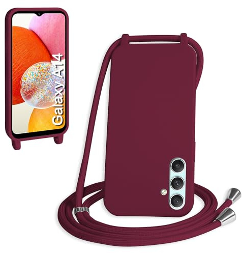 WenBaby Coque avec Cordon pour Samsung Galaxy A14 5G,Collier pour Étui bandoulière Colliers de cellulaire Mince Antichoc Réglable Lanyard Silicone Case,Rouge
