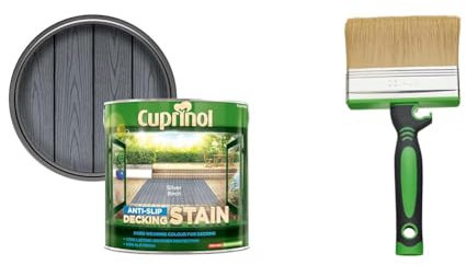 Cuprinol UTDSSB25L Anti Slip Decking Stain Silver Birch 2.5 litre & Fit for The Job 4 inch Large Capacity Shed and Fence Block Brush for Rapid Painting of Sheds & Fence