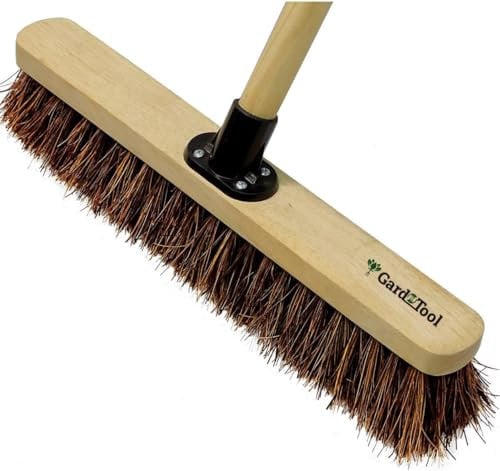 18” Stiff Broom Outdoor Heavy Duty with Wooden Handle Natural Bassine Hard Bristle Yard Brush Factory Warehouse Floors Commercial and Industrial Broom Strong Wooden Brush (Pack of 1)