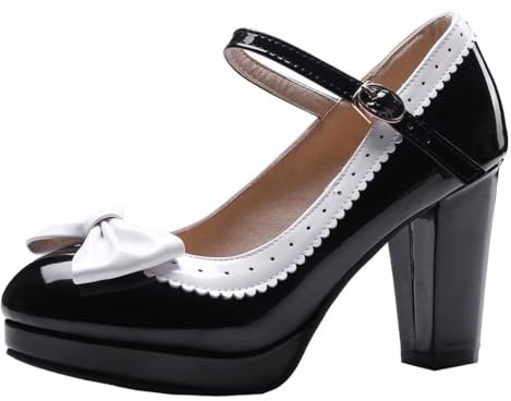 HSyc JRX Damen Blockabsatz High Heels Pumps mit Schleife Plateau Mary Jane Lack Schuhe 42.5