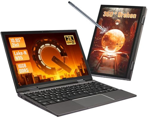 LONGEVINCE Mini Laptop, 10,95 Zoll Ultrabook Laptop, 2000 * 1200 Touch Display, Celeron N95 (bis zu 3,4 GHz),16 GB DDR5 RAM,Convertible,QWERTZ-Tastatur,Windows 11,2X Type-C,BT 5.0 (Grau, 16G+512G)