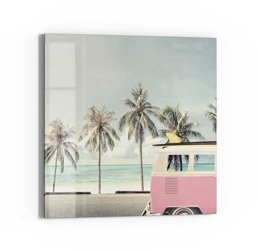 DEQORI Glas-Magnettafel | 30x30 cm cm groß | Motiv Retro Wellenreise | Memo-Board aus Glas | Magnetboard inkl. Magnete, Stift & Tuch für Küche & Büro | Tafel magnetisch & beschreibbar