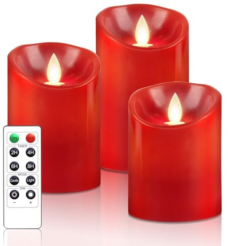 PinnWaa LED Kerzen [3 Stück] Flammenlose Kerzenhalter, 10-Tasten Fernbedienung Timer Dekorations, Flammenlose Kerzen mit Realistisch Flackernde LED Stabkerzen Batteriekerzen - Rot