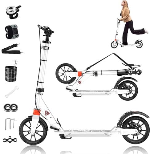 Cityroller Roller für Erwachsene bis 150kg Verstellbar Scooter Robuste Konstruktion 200mm Räder Stoßdämpfende ShockResist-Technologie Hinterradbremse rutschfest ABEC 9,Weiß