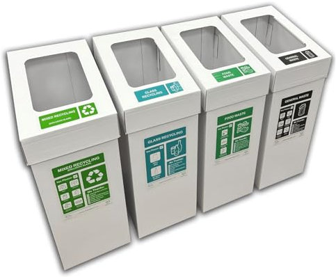 Simpler Recycling Cardboard Bins for Commercial, Office, School, Workplace, Canteen 60 Litre (Set of 4) Recycling Hub Bins, Colour Coded For Indoor Waste Separation